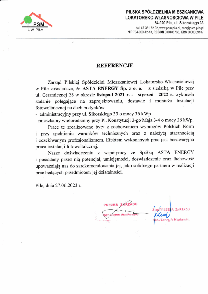 Skan referencji — Pilska Spółdzielnia Mieszkaniowa L-W