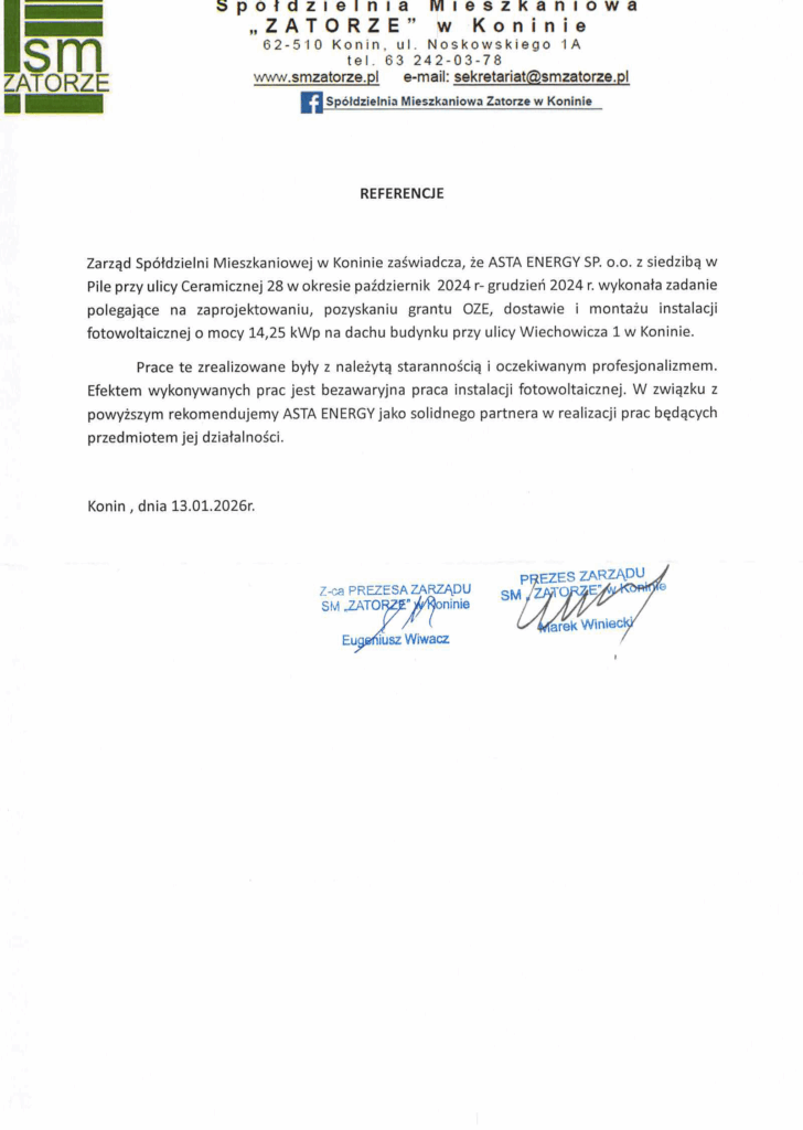 Skan referencji — Spółdzielnia Mieszkaniowa Zatorze w Koninie