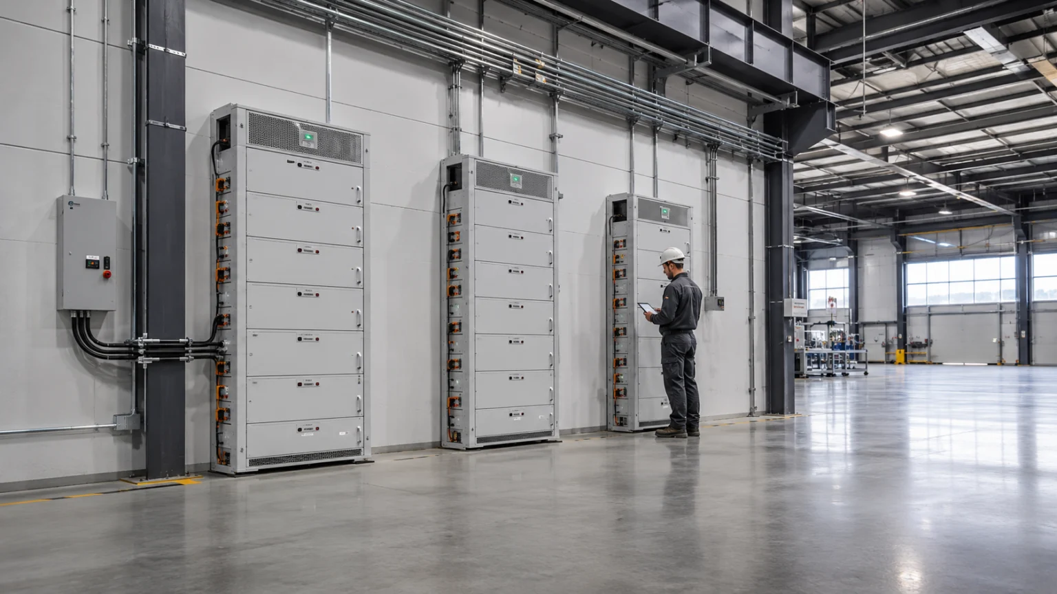 Magazyn energii dla firm — szafy bateryjne w hali przemysłowej