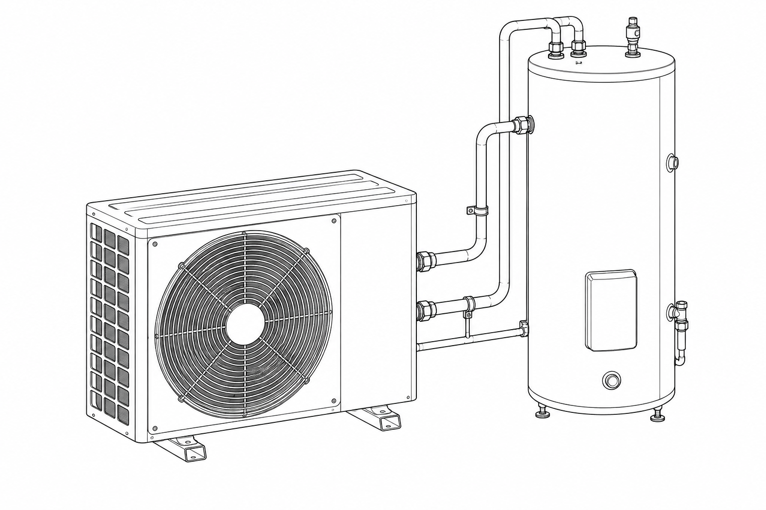 Monochromatyczna ilustracja techniczna pompy ciepła dla domu