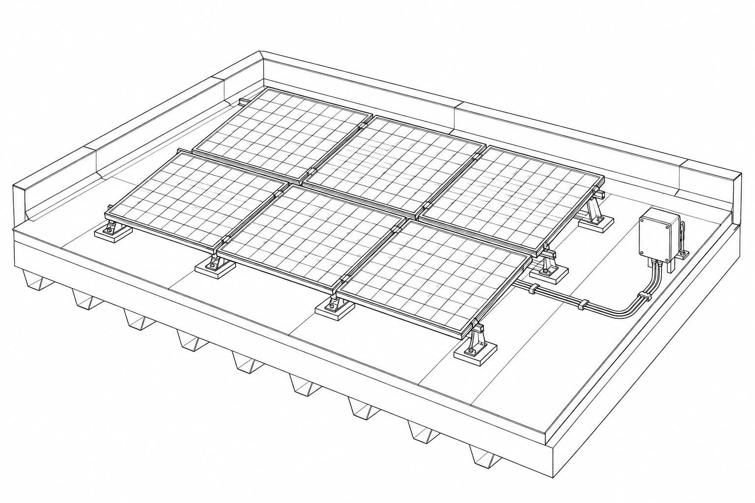 Monochromatyczna ilustracja techniczna instalacji fotowoltaicznej dla firm