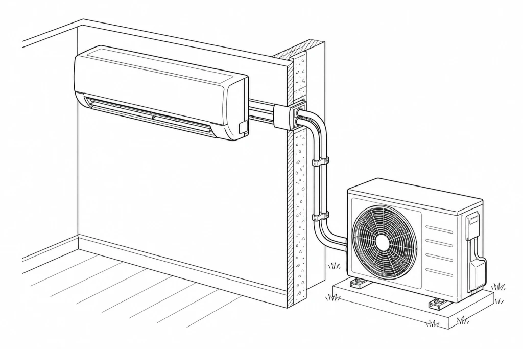 Monochromatyczna ilustracja techniczna klimatyzacji typu split z montażem
