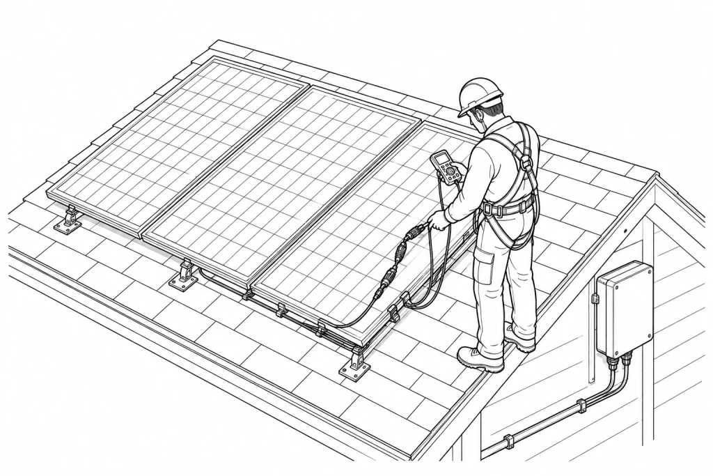 Monochromatyczna ilustracja techniczna przeglądu instalacji fotowoltaicznej